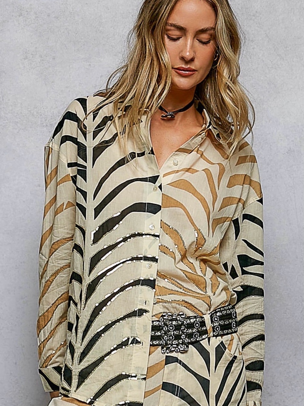 Women's Beige stripe and sequin Button-Up Shirt